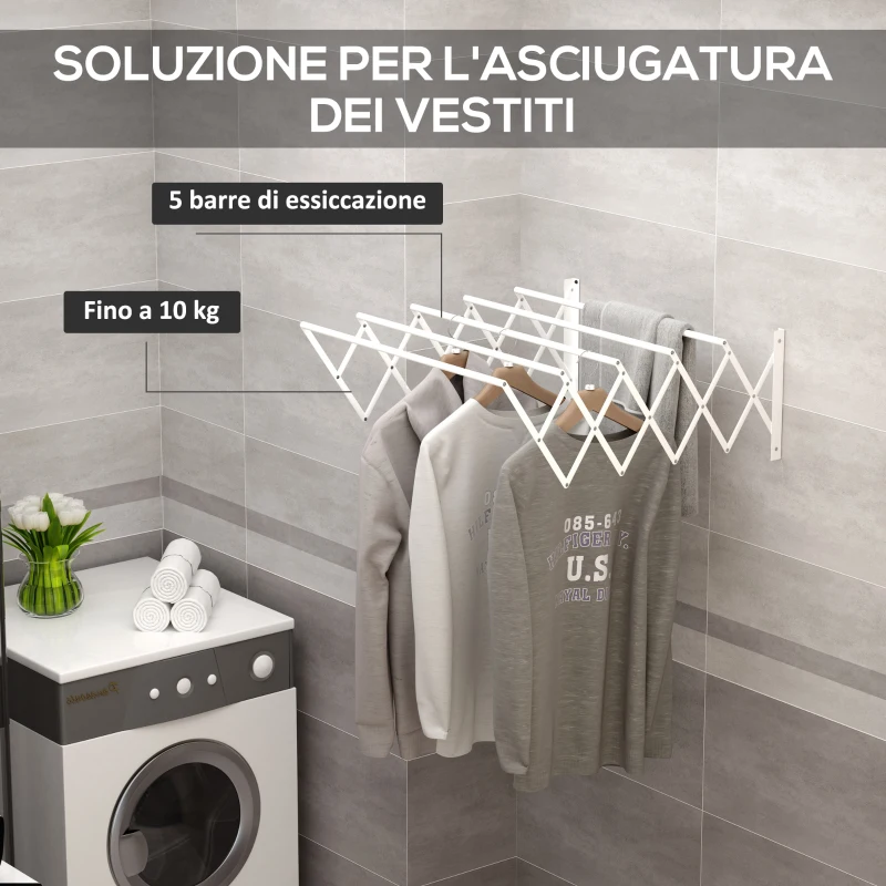 HOMCOM Stendibiancheria a Parete Retrattile per Interni ed Esterni, 63.5x60x20 cm, Bianco