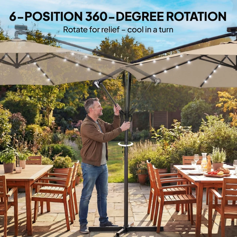 Outsunny Parasol ogrodowy LED Solar Ø300 cm obrotowy z korbą, stojakiem, pokrowcem beżowy