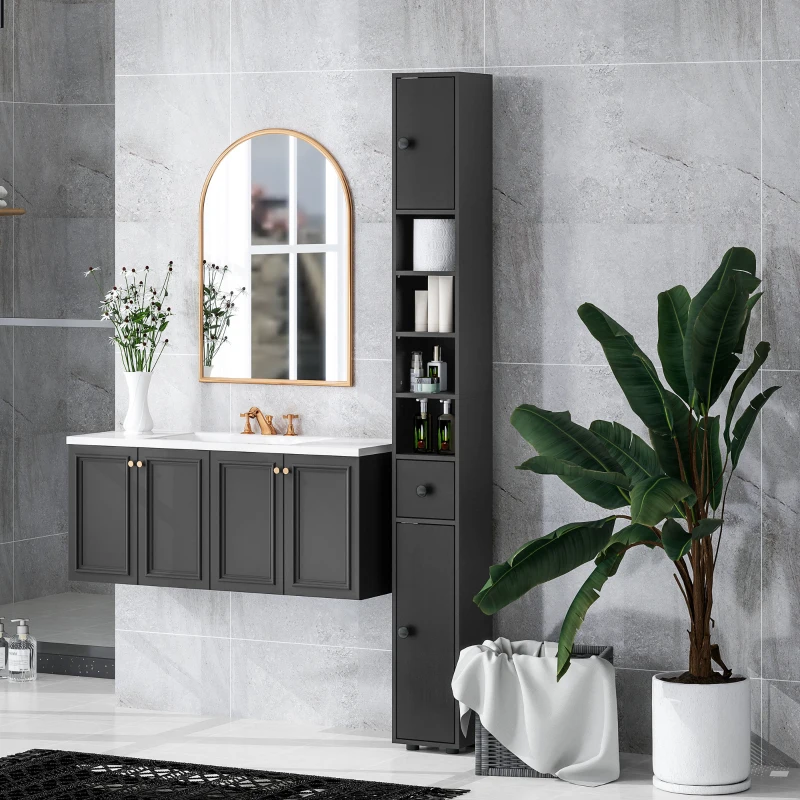 kleankin Armario de Baño Alto Columna de Baño Estrecha con 1 Cajón 4 Estantes Abiertos y Estantes Ajustables 20x20x180 cm Negro