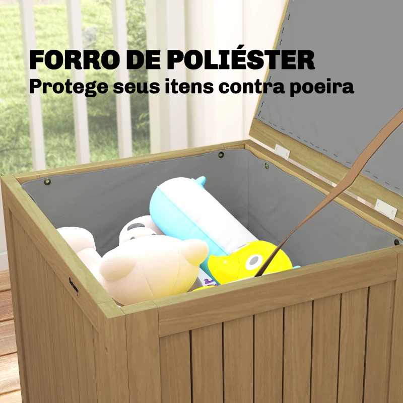 Outsunny Baú de Exterior em Madeira 130L Arca de Armazenamento com Forro Tampa Articulada e Correia 63x51x58,5 cm Castanho