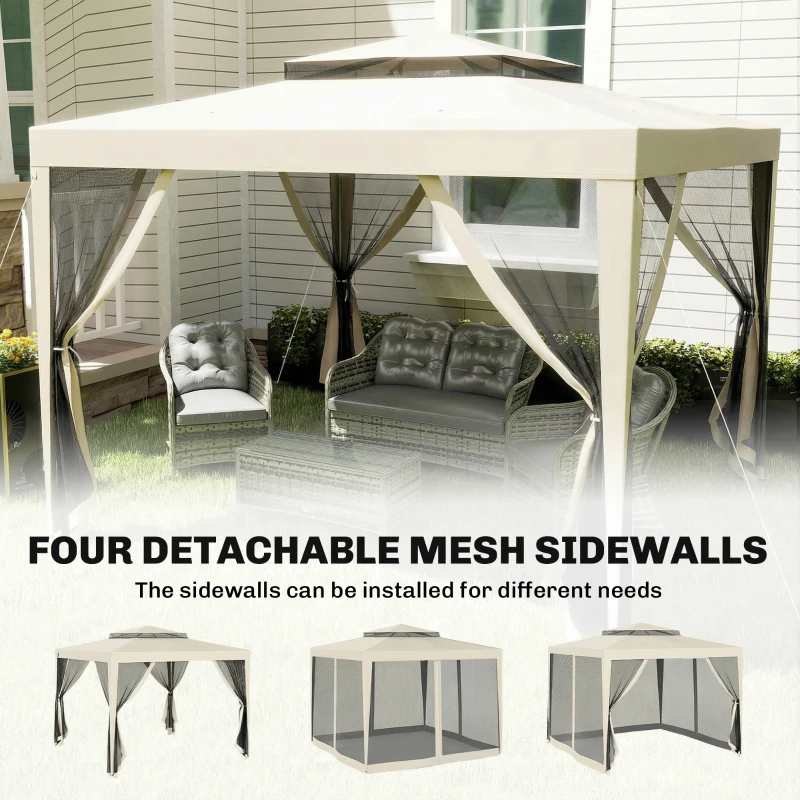 Outsunny 3 x 3 m Gazebo, Netting Party Tent, Patio Canopy Outdoor Event Shelter with Double Tier Roof, Beige