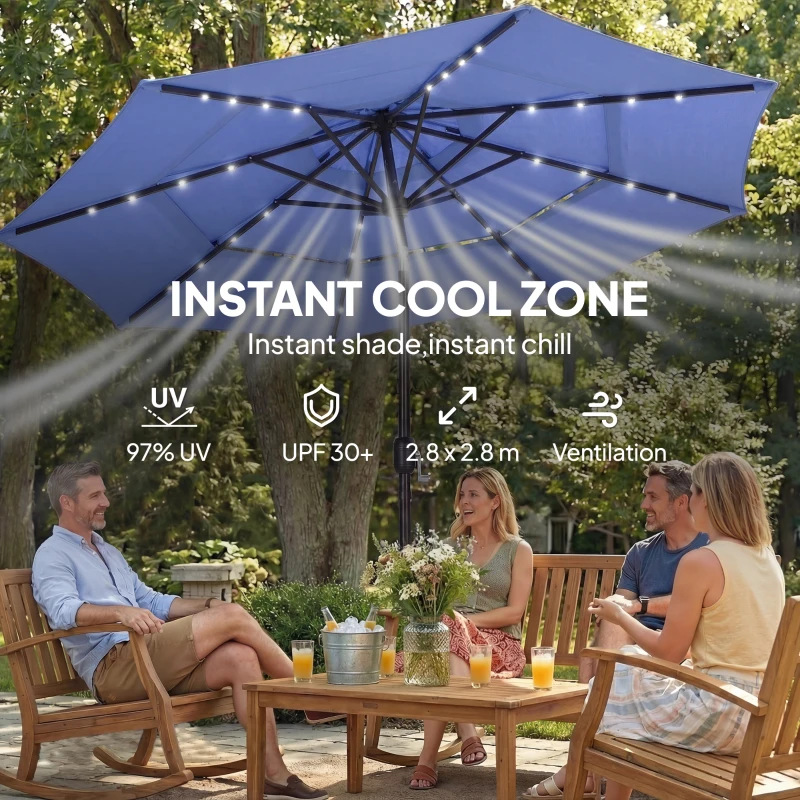 Outsunny 2.8 m Garden Parasol Umbrella with LED Solar Light, Parasol Cover, 3 Tier Outdoor Table Market Patio Umbrella, Navy Blue