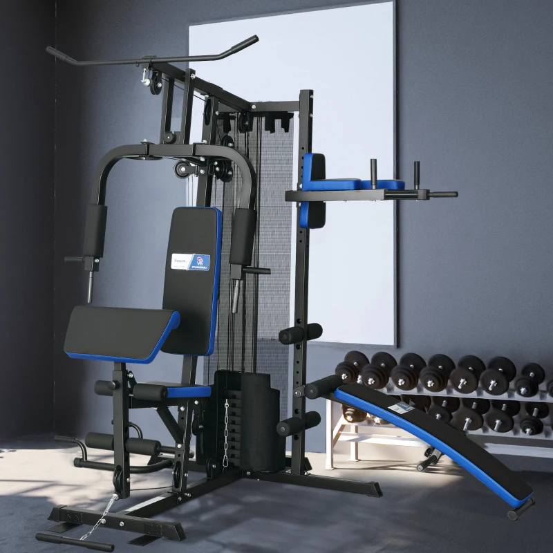 SPORTNOW Estación de Musculación con Pila de Pesas de 65 kg, Equipo de gimnasio para el hogar con banco para abdominales, Negro y Azul