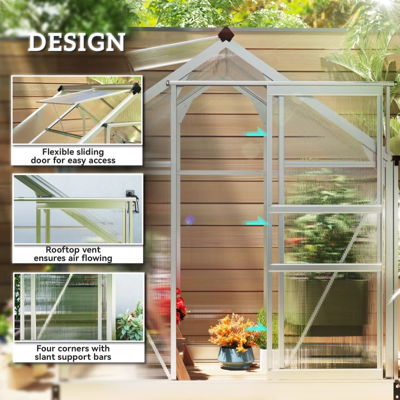 Outsunny Polycarbonate Greenhouse, Large Walk-In Green House with Slide Door and Window, Aluminium Frame, 6x4ft, Silver Tone