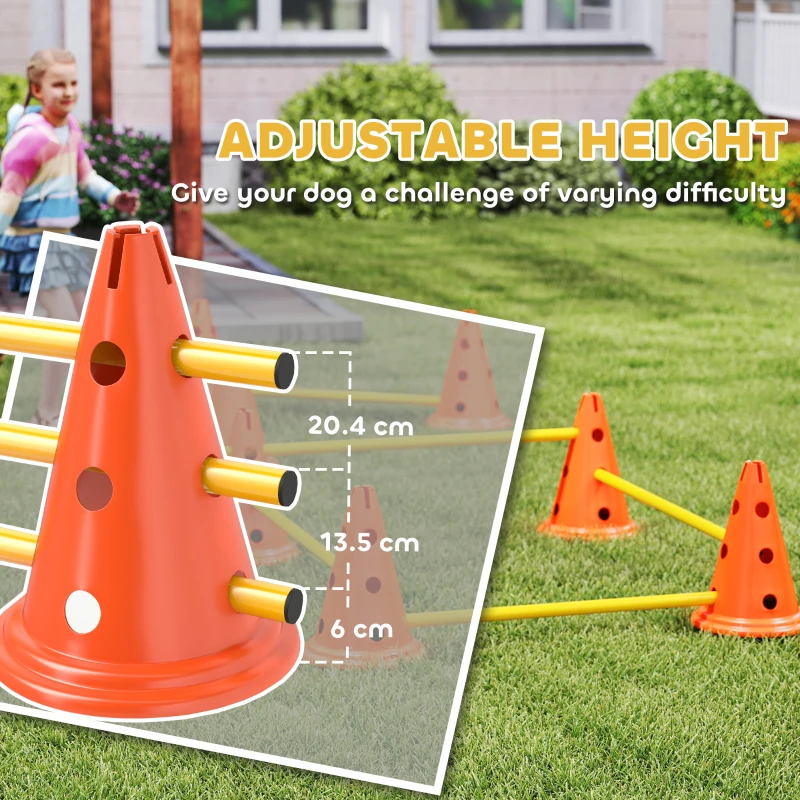 PawHut Dog Agility Equipment Set of Eight Cones, Eight Poles w/ Carry Bag, Four-Piece Adjustable Height Jumping Obstacles