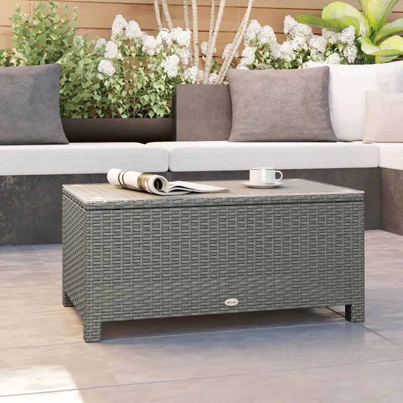 Outsunny Rattan Garden Coffee Table with Glass Top, Light Grey