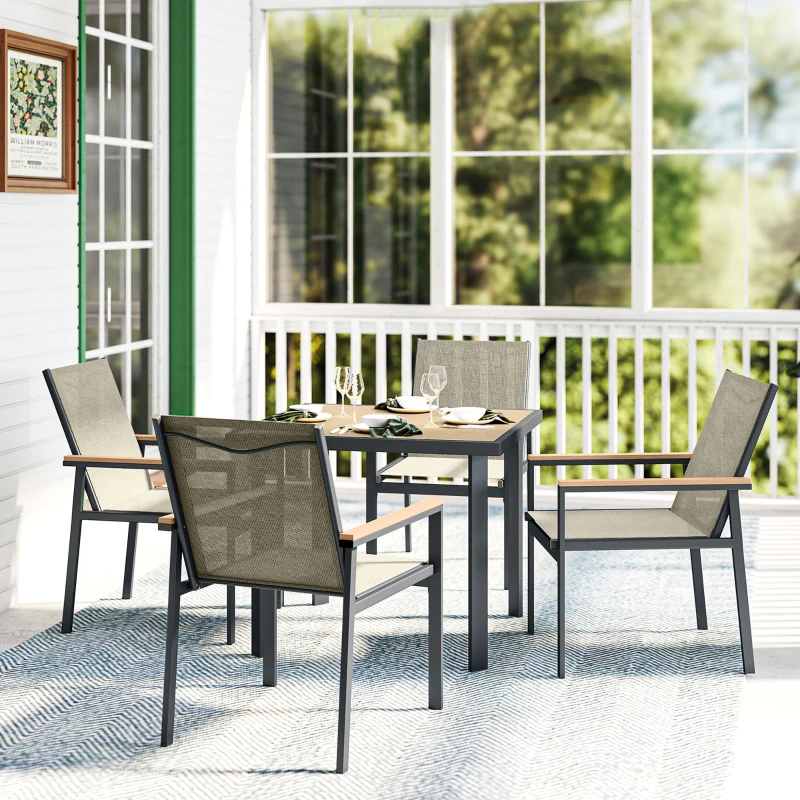 Outsunny Five-Piece Metal Dining Set, with Glass-Top Table - Khaki