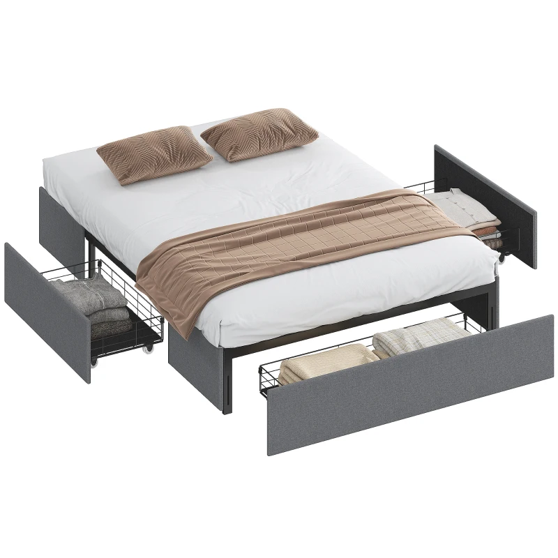 HOMCOM Cama com Baú 140x190 cm Estrutura de Cama de Casal Estofada com 3 Gavetas Estrado com Ripas em LVL Silenciosa Cinza