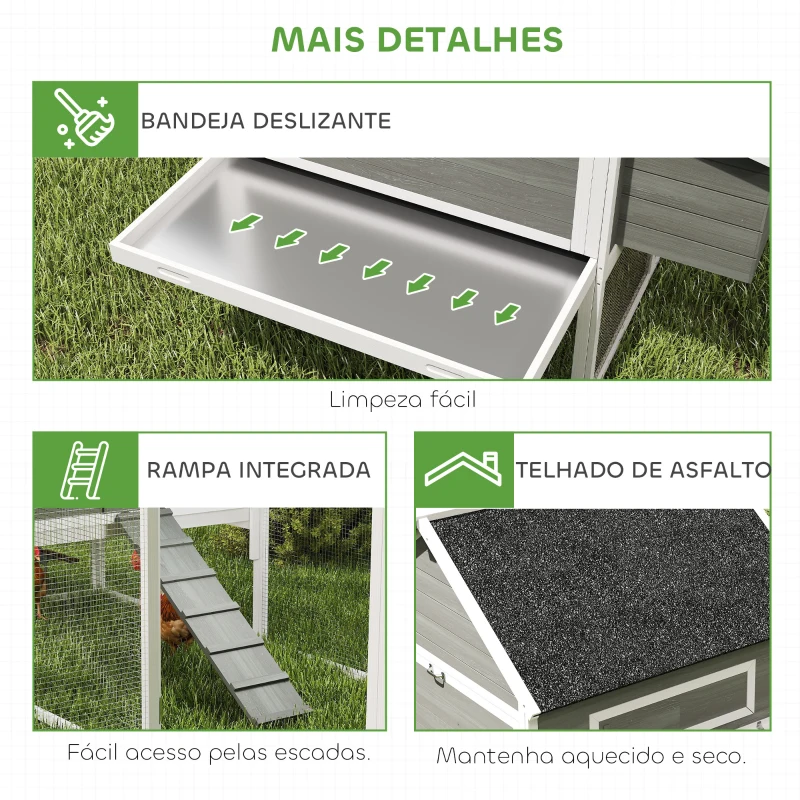 PawHut Galinheiro de Madeira Grande para Exterior com 2 Ninhos Cercado Telhado de Asfalto Bandeja Removível e Rampa 347x160x150 cm Cinzento Escuro