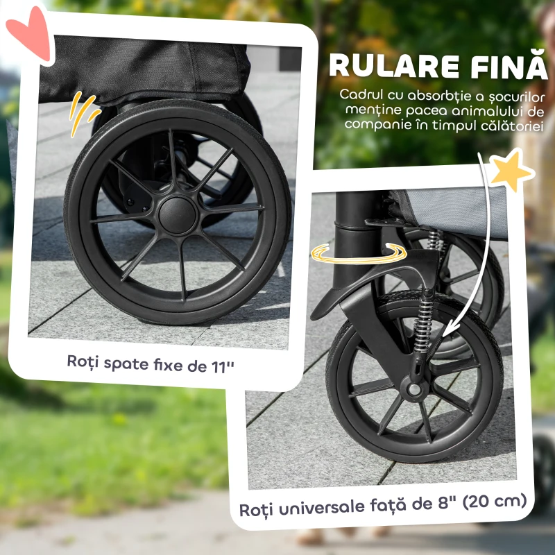 PawHut Cărucior Pliabil pentru Câini de Talie Mare cu Roți Detașabile, Pernă și Lese de Siguranță, 124x67x100 cm, Gri