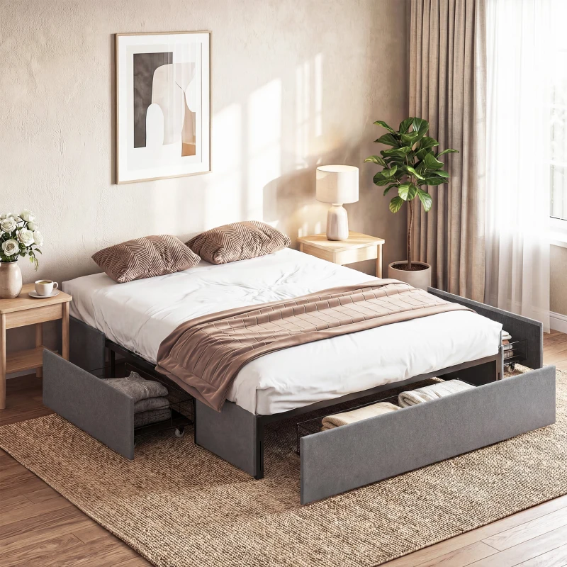 HOMCOM Letto contenitore 140x190 cm con 3 cassetti e rete a doghe, Grigio