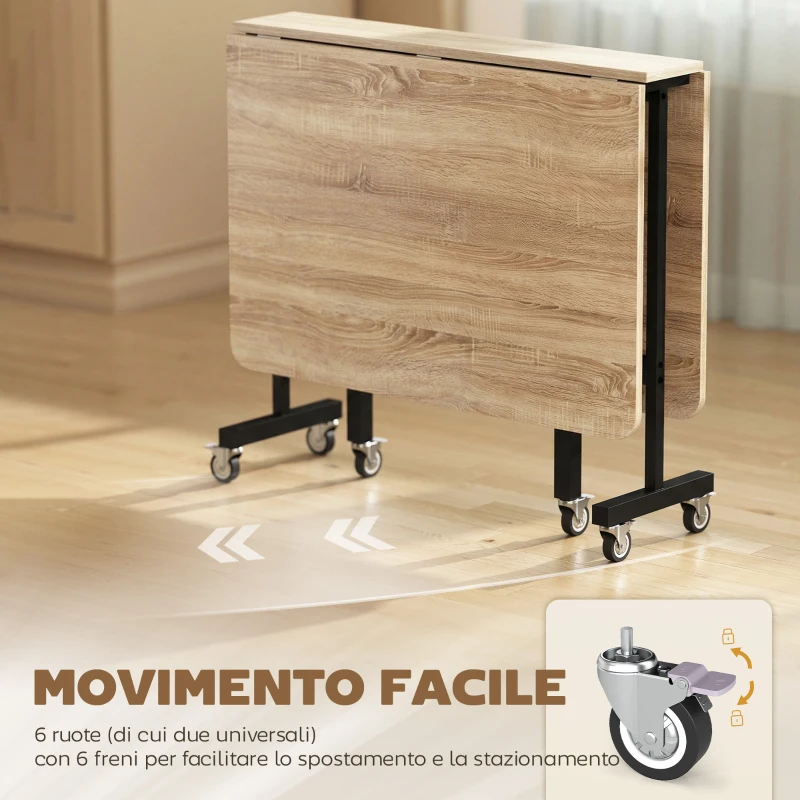HOMCOM Tavolo Pieghevole per 4-6 Persone con 2 Ribalte e Ruote con Freno, 120x80x73 cm, Rovere