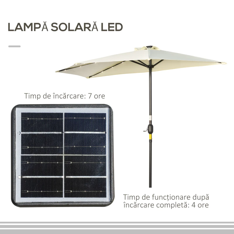 Outsunny Umbrela Semicirculara cu 20 Lumini LED, Panou Solar, Manivela si Tija in 2 Sectiuni, 265x135x240 cm, Bej