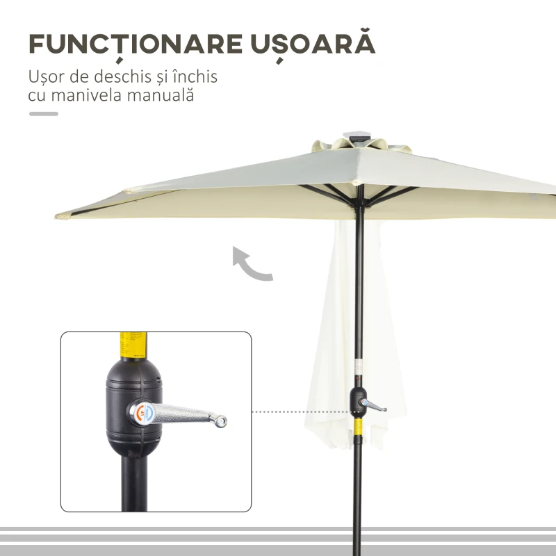 Outsunny Umbrela Semicirculara cu 20 Lumini LED, Panou Solar, Manivela si Tija in 2 Sectiuni, 265x135x240 cm, Bej