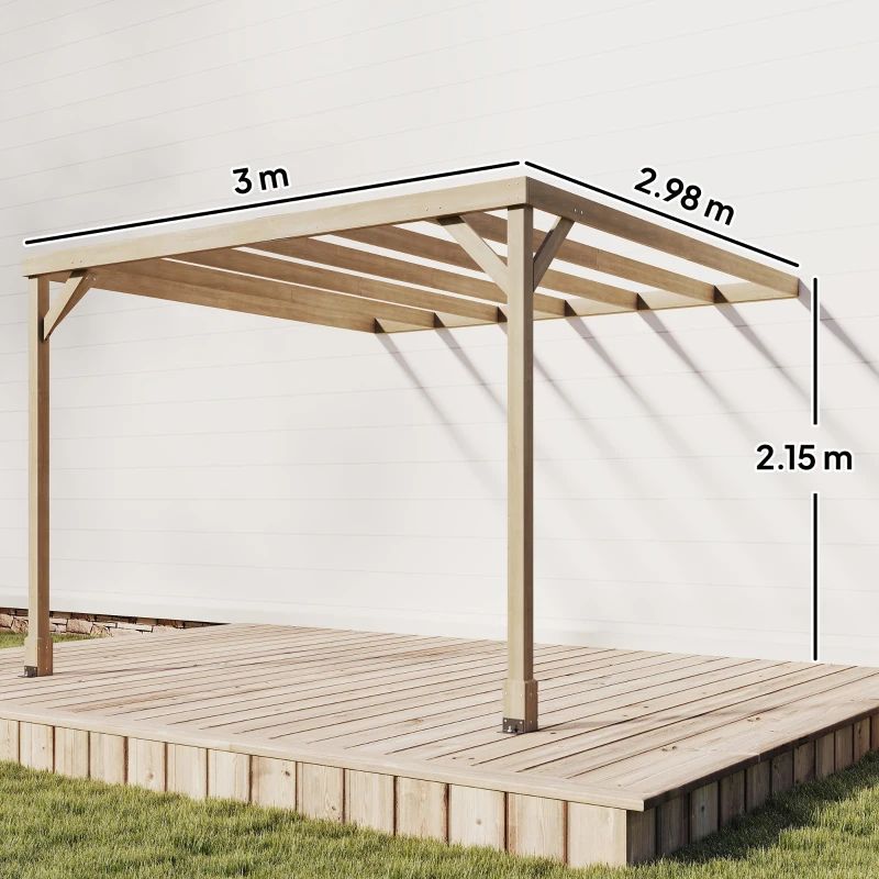 Outsunny Lean-To Wooden Pergola Kit, Decorative Garden Gazebo with Stable Structure and Concrete Anchors, 3 x 3 m, Light Brown