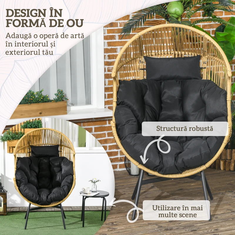 Outsunny Fotoliu de Grădină cu Tetieră și Perne pentru Șezut, Fotoliu cu Ou din Ratan și Oțel, 89x75x143 cm, Negru și Nisip