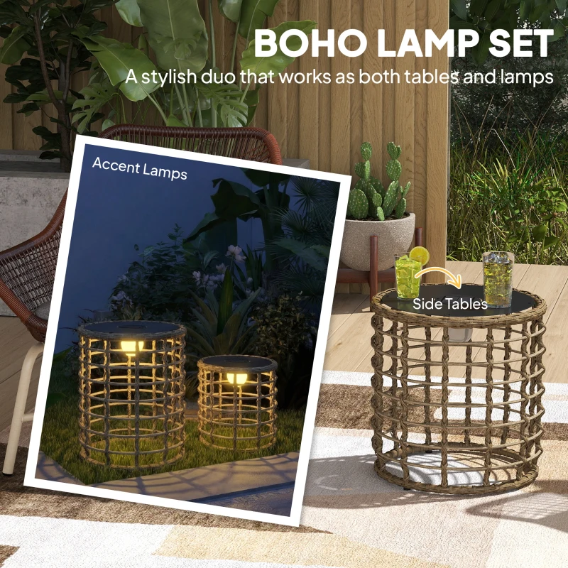 Outsunny Zestaw 2 Solarnych Lampionów Rattanowych z Czujnikiem Światła LED w Stylu Boho IP44