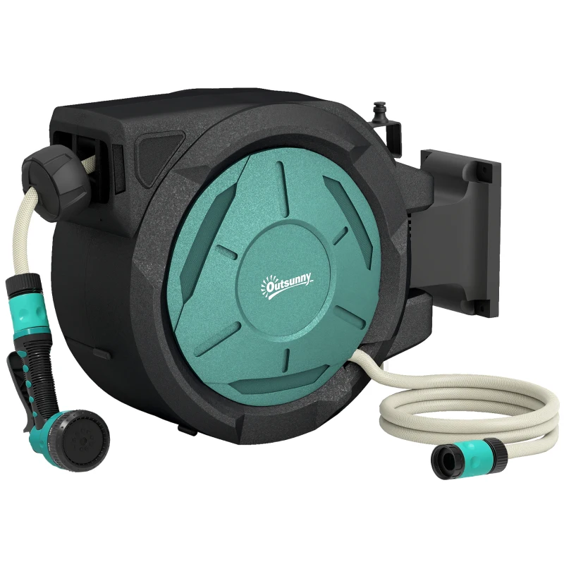 Outsunny Retractable Hose Reel Wall Mounted, 20+2m Garden Hose Pipe Reel with Lock, Auto Rewind, 7 in 1 Spray Nozzle, Includes Wall Fixings, 180° Swivel, Outdoor Watering, 54 x 20 x 39 cm, Black