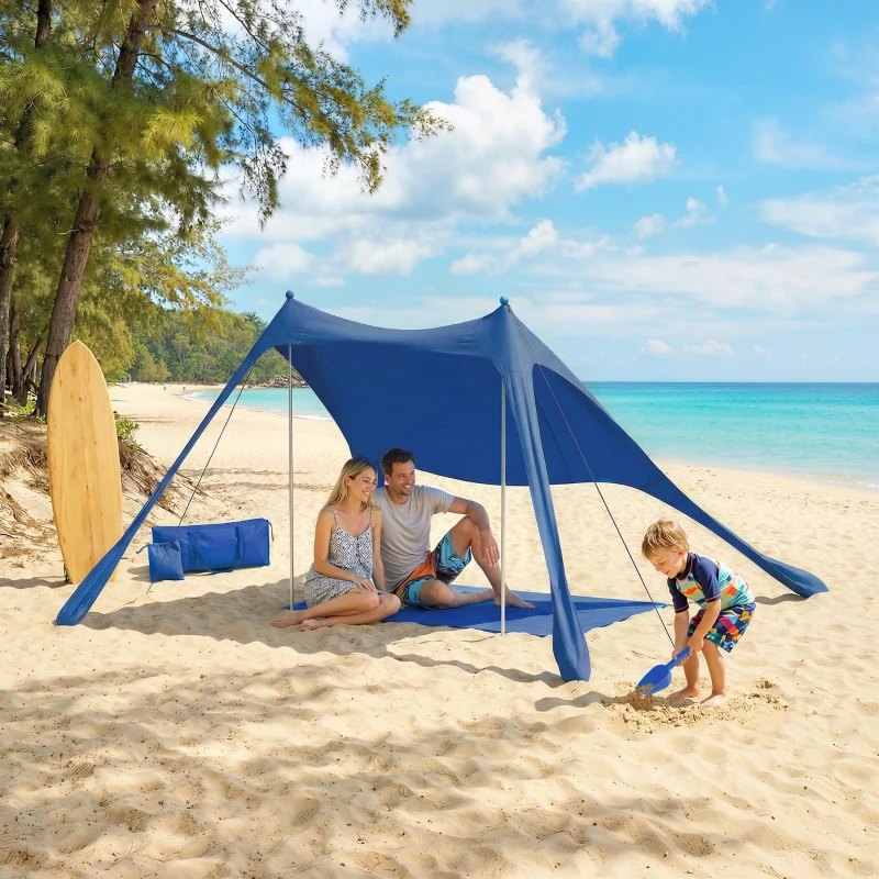 Outsunny Tenda Spiaggia 2-4 Persone, Tappetino, Paletta, Parasole UPF50+, Blu