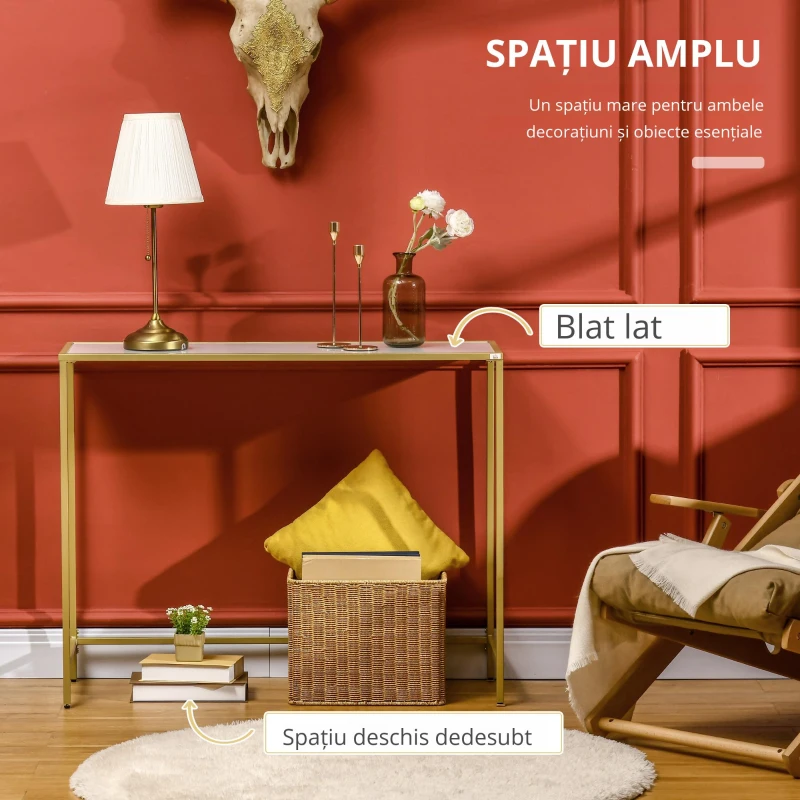 HOMCOM Consola de hol din otel si sticla calita, masuta de cafea cu picioare reglabile pentru sufragerie si dormitor, 100x35,5x80cm, alb si auriu