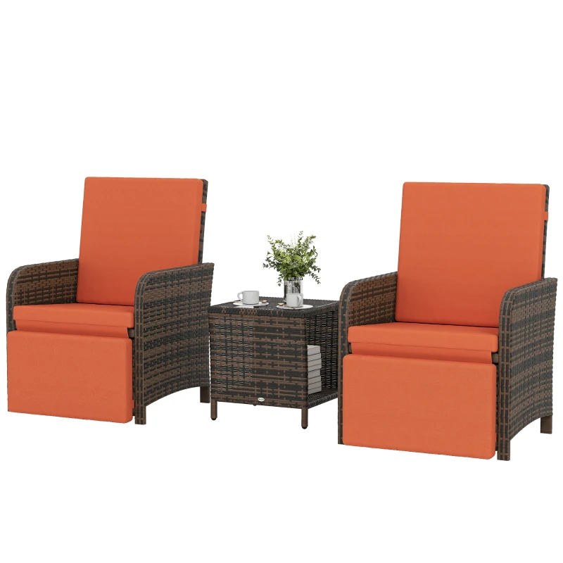 Outsunny 3 Pieces Rattan Bistro Set Balcony Furniture with Cushions, Storage Function - Orange