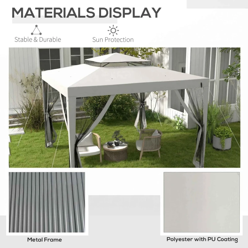 Outsunny 3 x 3 m Gazebo, Netting Party Tent, Patio Canopy Outdoor Event Shelter with Double Tier Roof, Light Grey