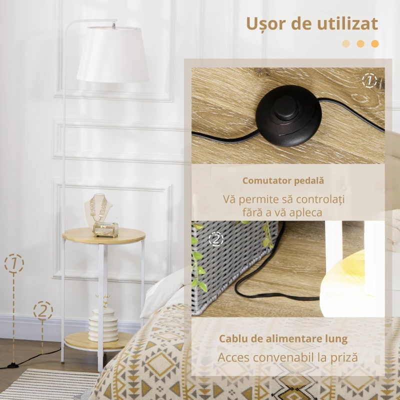HOMCOM Lampa moderna de podea cu rafturi, cu masuta dubla din bambus, abajur din material textil, tonuri naturale