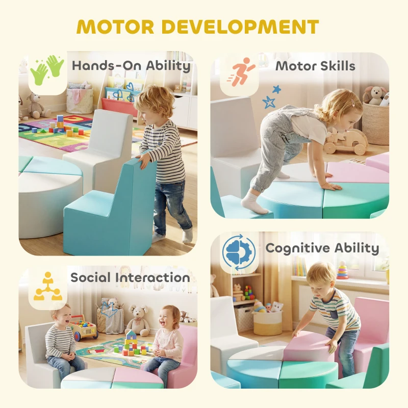 AIYAPLAY 8-delige Schuimblokken Kinderen Zachte Bouwstenen met Tafel- en Krukontwerp Klimmen Bouwblokken van PU Meerkleurig