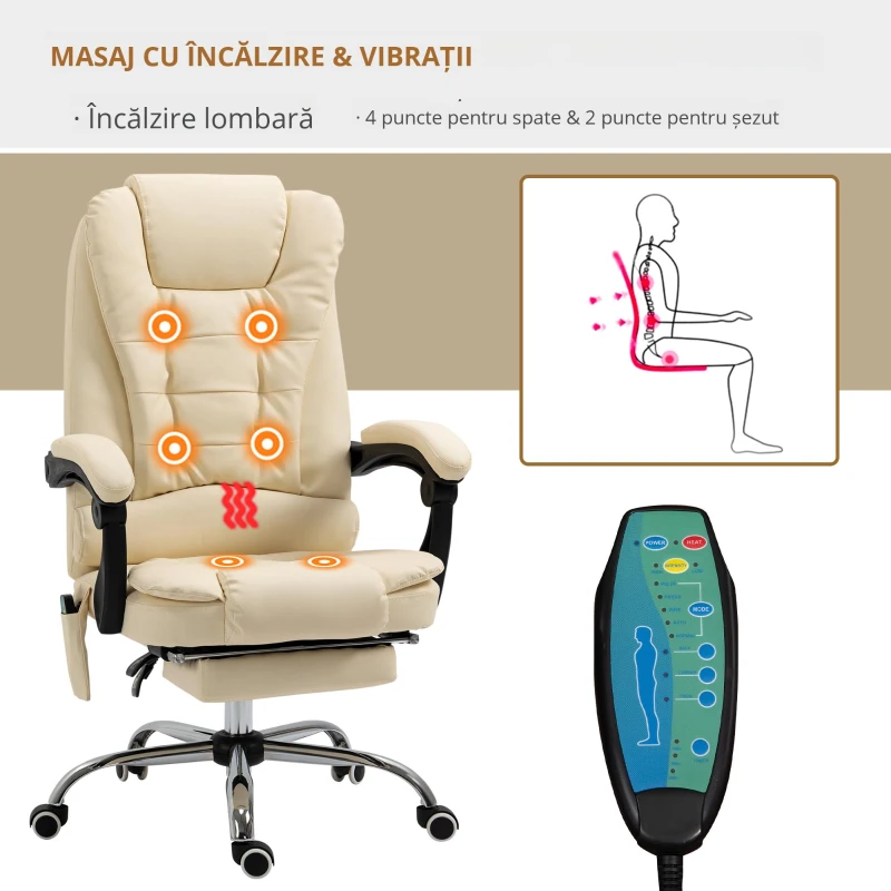 Vinsetto Fotoliu pentru Masaj Pivotant si Ergonomic cu Inaltime Reglabila cu 6 Puncte de Vibratie, 65x160x104 cm, Crem