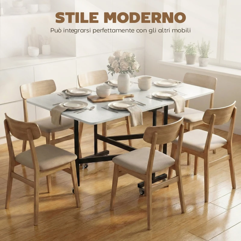 HOMCOM Tavolo Pieghevole per 4-6 Persone con 2 Ribalte e Ruote con Freno, 120x80x73 cm, Bianco Legno