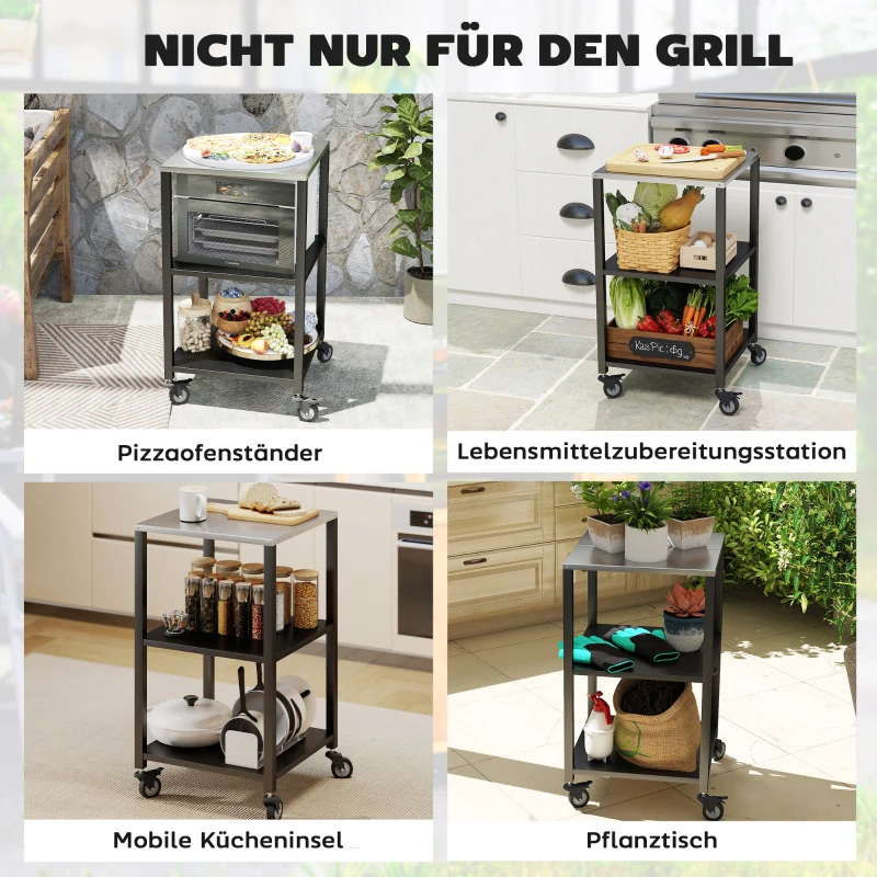 Outsunny Grillwagen 3-Etagen Grilltisch mit Edelstahl Arbeitsfläche Rollen mobiler Servierwagen 50 x 50 x 90 cm Schwarz