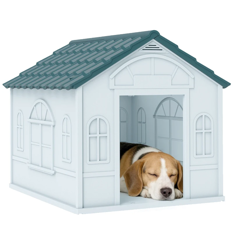 PawHut Plastic Weather-Resistant Dog House, for Indoors and Outdoors, Medium Dogs - White and Blue
