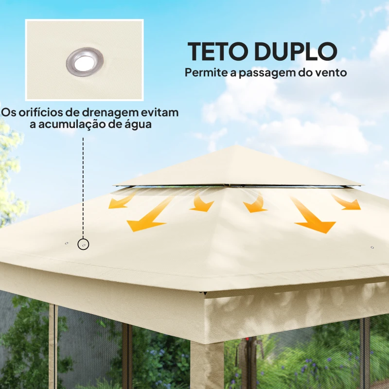 Outsunny Tenda Dobrável de Exterior Tenda de Jardim com Teto Duplo Rede Mosquiteira Amovível 325x325x270 cm Creme