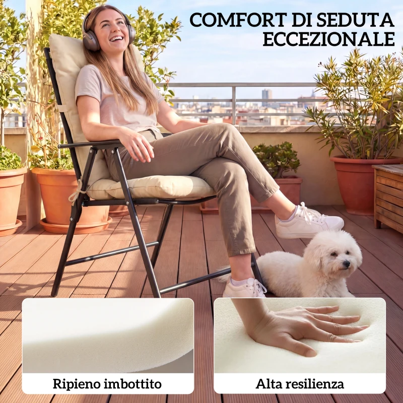 Outsunny Set 2 Cuscini per Sedie da Esterno con Lacci di Fissaggio, in Poliestere e Cotone, 120x50x8 cm, Beige
