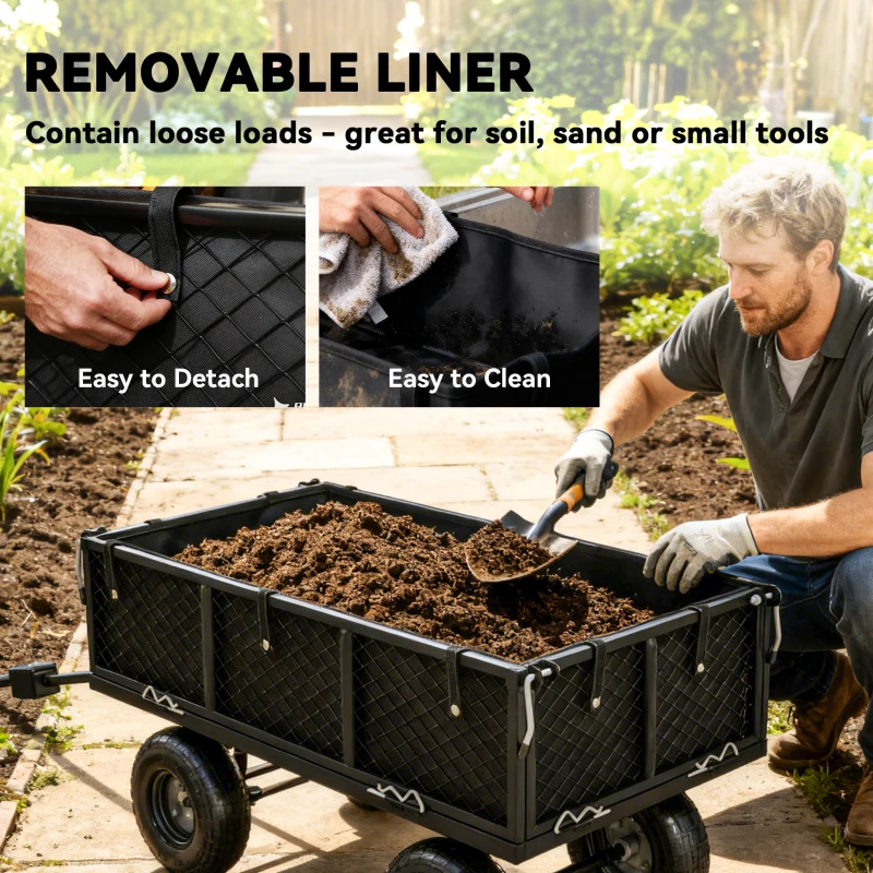 Outsunny 114L Steel Frame Garden Cart Trolley - Black