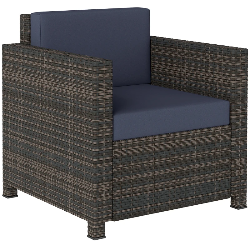 Outsunny PE Rattan Garden Armchair with Cushion - Mixed Brown/Navy Blue