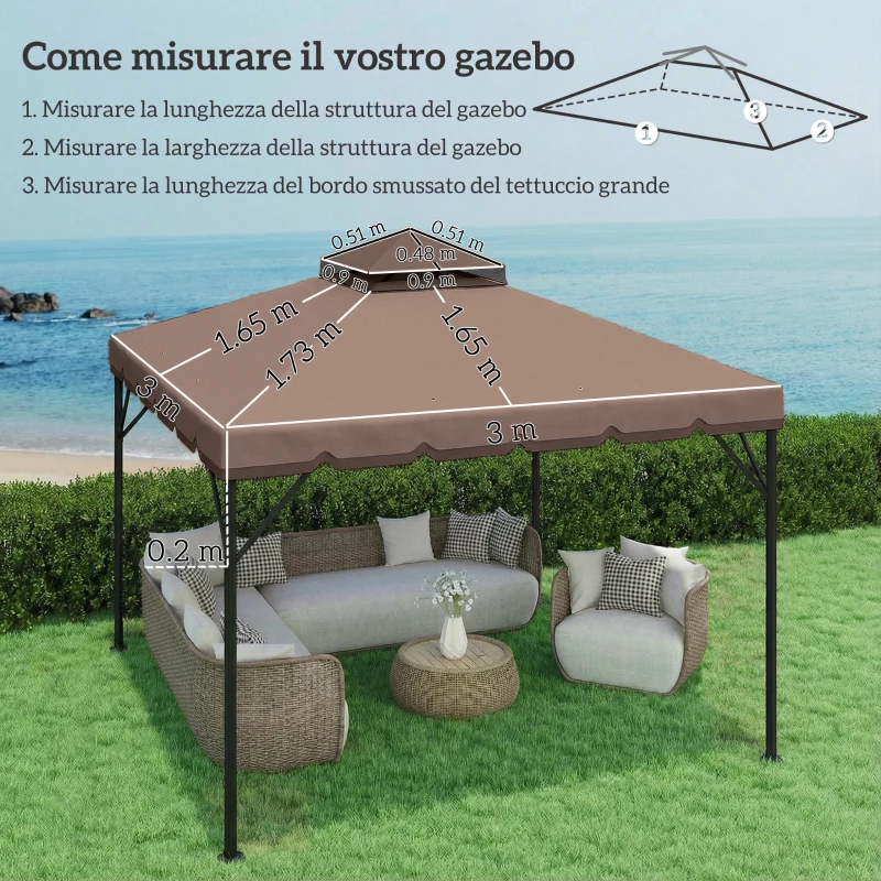 Outsunny Copertura per Gazebo 3x3 m a 2 Livelli con 8 Fori di Drenaggio, in Poliestere Cachi e Marrone