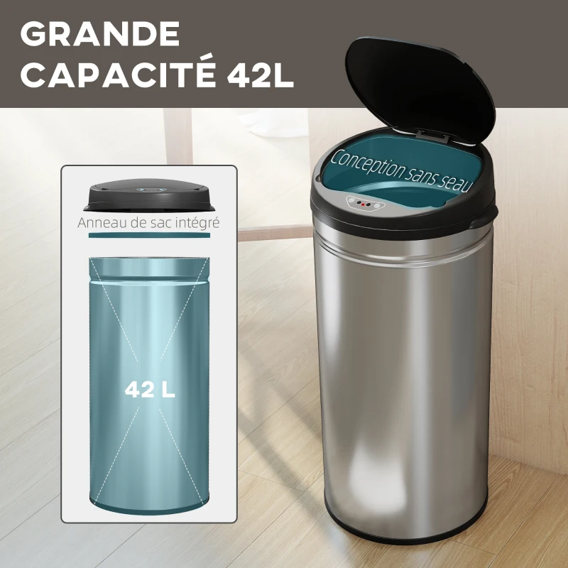 HOMCOM Poubelle cuisine automatique 42L acier inoxydable, poubelle à couvercle à fermeture en douceur, 30,5x30,5x68cm, argent