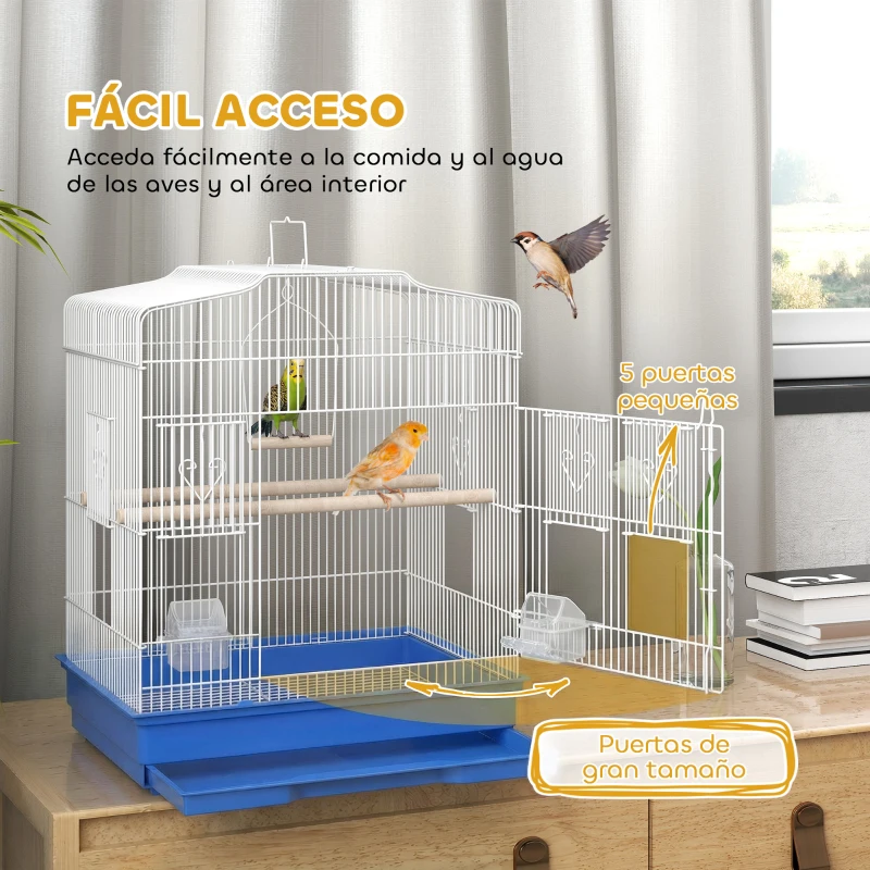 PawHut Jaula para Pájaros Pajarera de Acero con 2 Comederos 2 Perchas Columpio y Bandeja Extraíble Asa 46,5x36x59 cm Azul