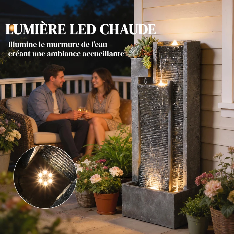 Outsunny Fontaine de jardin extérieure cascade 3 niveaux fontaine eau jardinière et mur d'eau moderne lumineuse 24 LED 101cm gris