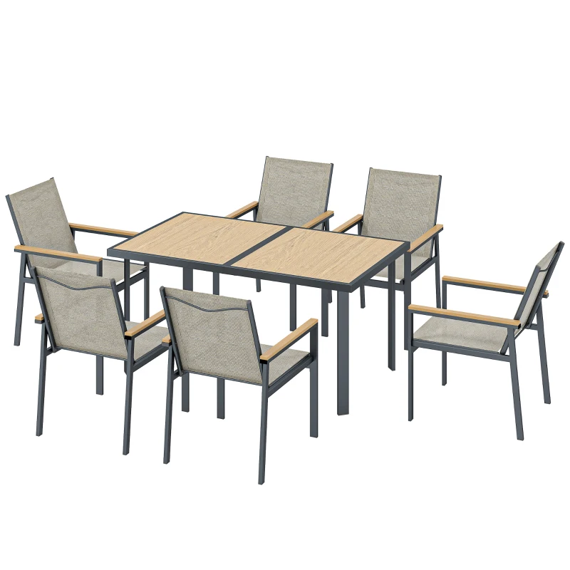 Outsunny Seven-Piece Metal Garden Dining Set, with Glass-Top Table - Khaki