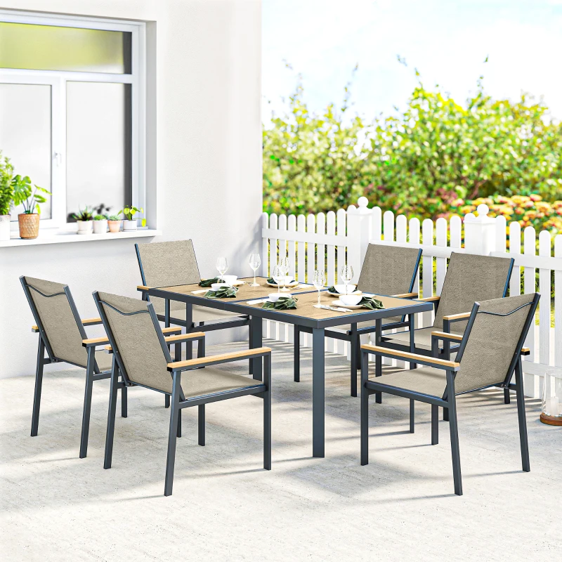 Outsunny Seven-Piece Metal Garden Dining Set, with Glass-Top Table - Khaki