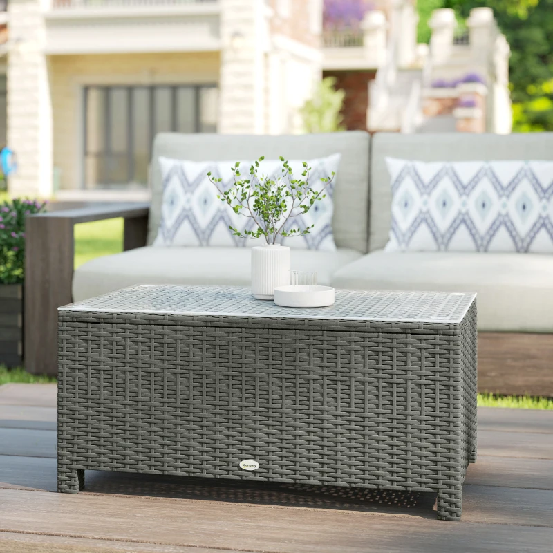 Outsunny Rattan Garden Coffee Table with Glass Top, Light Grey