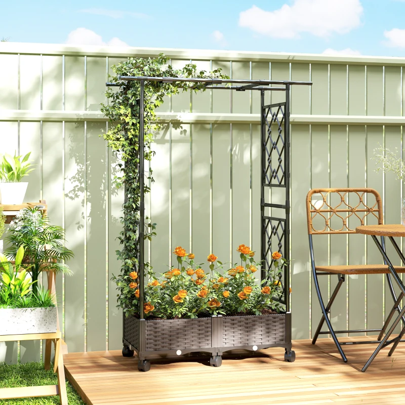 Outsunny Raised Garden Bed with Arch Trellis, Raised Bed for Garden on Wheels with Side Trellis, Self Watering Planter Box