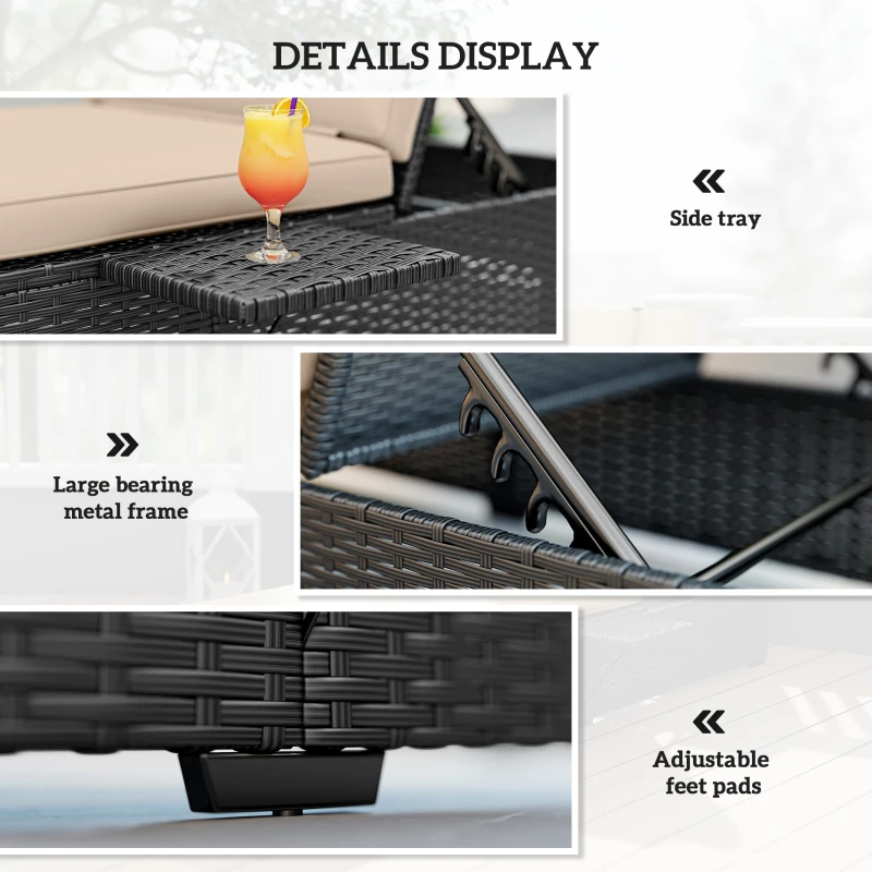 Outsunny Rattan Sun Lounger with 5-Level Reclining Back Side Tray and Cushion, Black