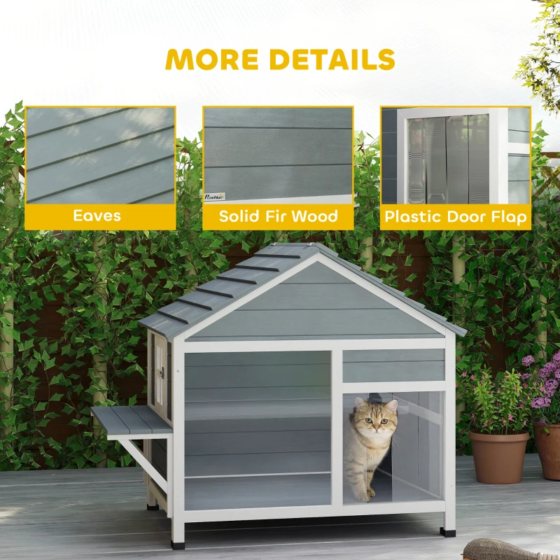 PawHut Casa para Gato de Exterior, Nicho de Madeira com Teto Abrível, Janela Transparente, Portas, Plataforma de Salto