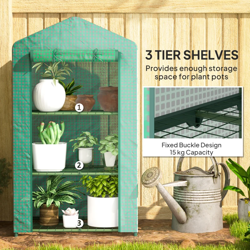 Outsunny 3 Tier Mini Greenhouse Portable Garden Grow House with Roll Up Door and Wire Shelves, 69 x 49 x 125 cm, Green