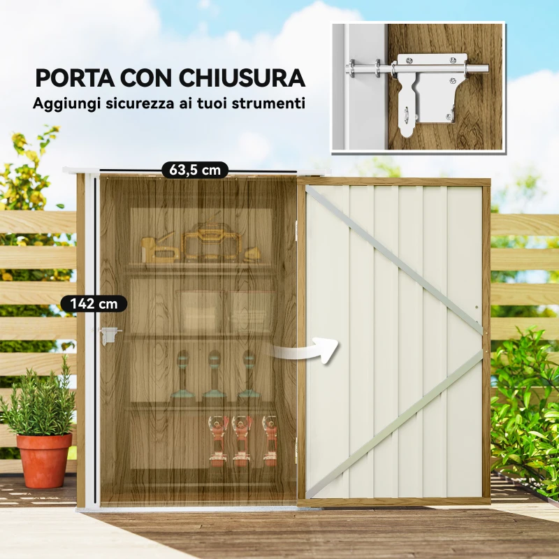 Outsunny Casetta da Giardino Porta Attrezzi in Acciaio Galvanizzato con Porta a Battente, 100x104x160 cm, Marrone Chiaro