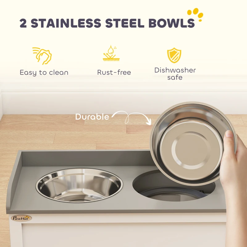 PawHut Stainless Steel Raised Dog Bowls, with 21L Storage Drawer for Large Dogs and Cats - White
