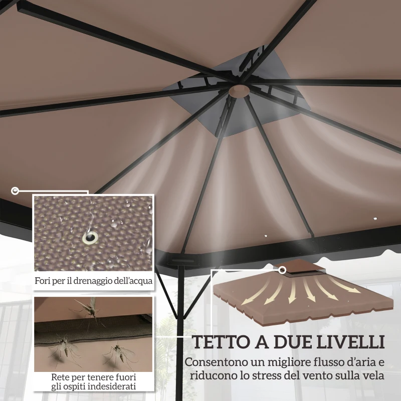 Outsunny Copertura per Gazebo 3x3 m a 2 Livelli con 8 Fori di Drenaggio, in Poliestere Cachi e Marrone